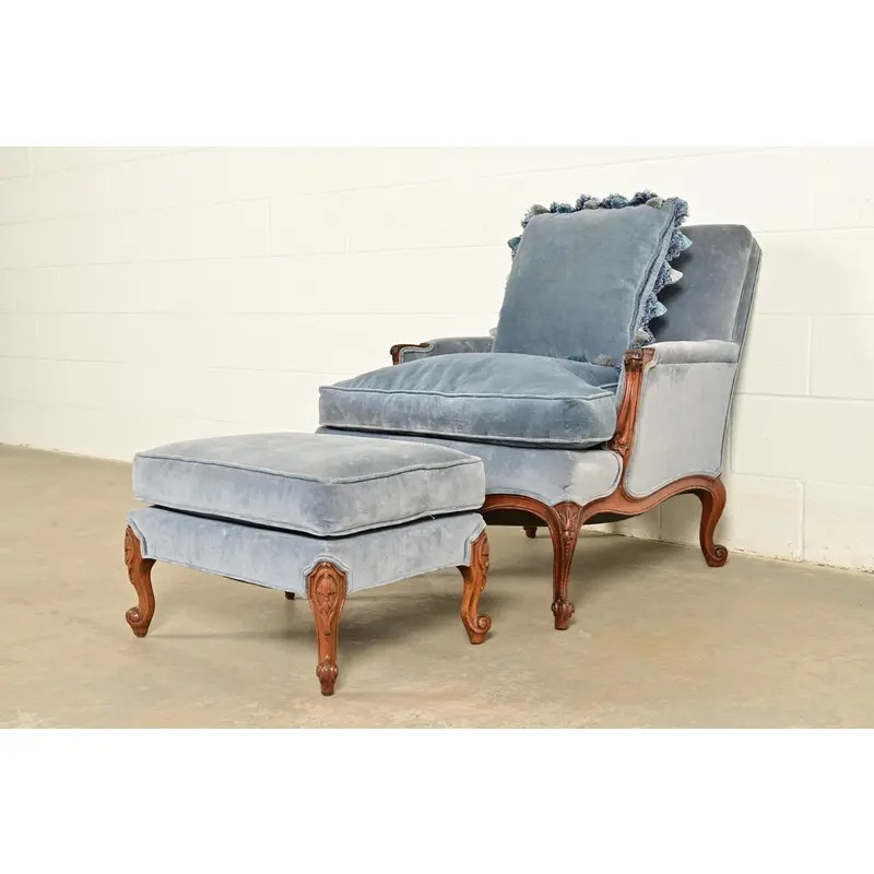 Baker Furniture Style French Provincial Louis XV Carved Walnut Velvet Upholstered Lounge Chair and Ottoman | Circa 1960s