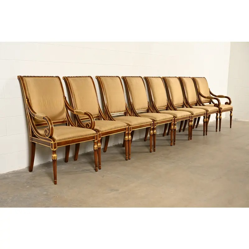 Karges French Regency Louis XVI Carved Walnut and Gold Gilt Dining Chairs | Set of Eight