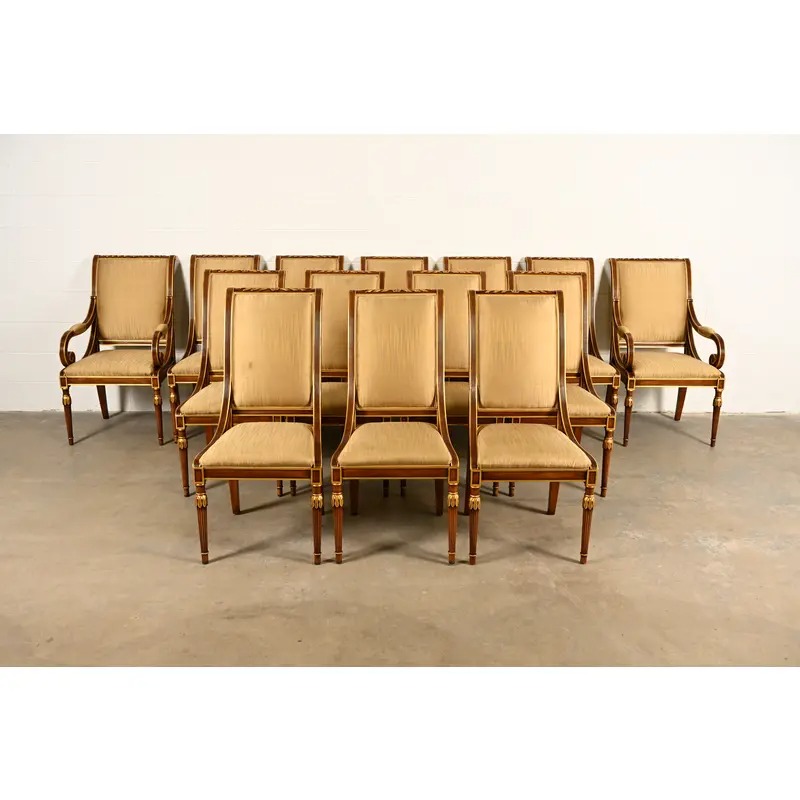Karges French Regency Louis XVI Carved Walnut and Gold Gilt Dining Chairs | Set of Fourteen