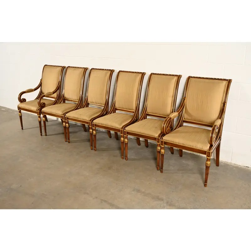 Karges French Regency Louis XVI Carved Walnut and Gold Gilt Dining Chairs | Set of Six