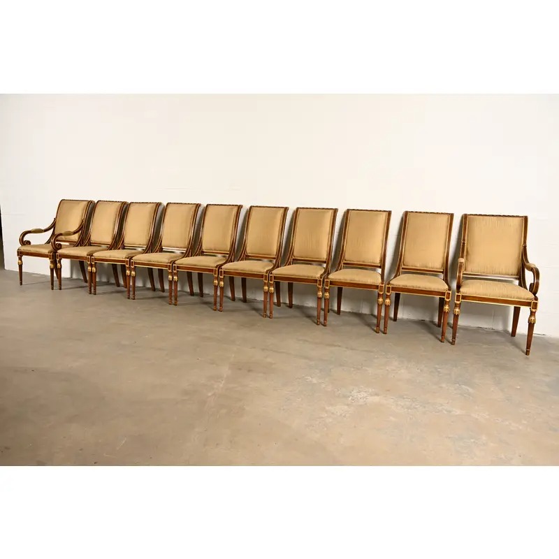 Karges French Regency Louis XVI Carved Walnut and Gold Gilt Dining Chairs | Set of Ten