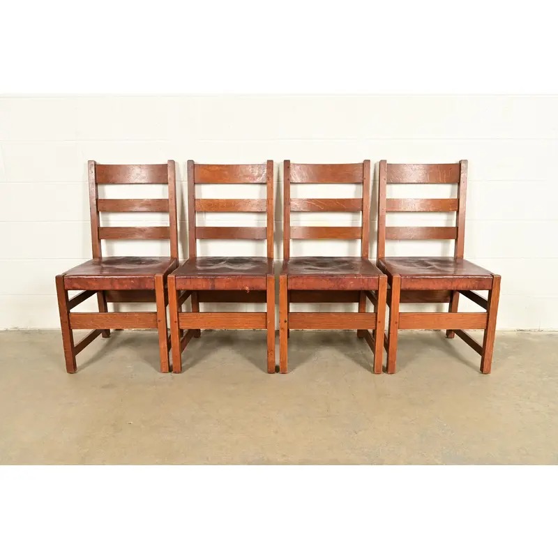 L. & J. G. Stickley Antique Mission Oak Arts & Crafts Ladder Back Dining Chairs | Set of Four