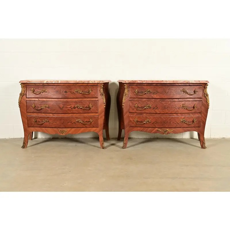 Paul Sormani Style Antique French Provincial Louis XV Kingwood Inlaid Marquetry Marble Top Commode With Mounted Ormolu | Circa 1920s - Image 16