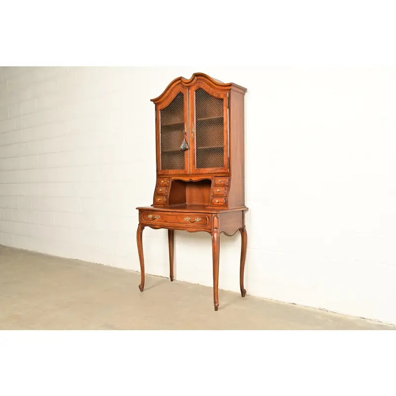 Thomasville French Provincial Carved Walnut Secretary Desk With Bookcase Hutch