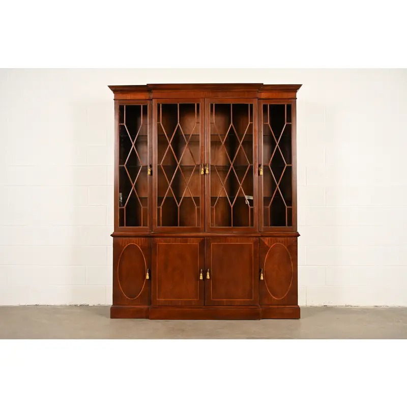Baker Furniture Historic Charleston Georgian Inlaid Mahogany Breakfront Bookcase Cabinet