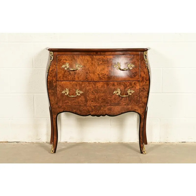 Italian Louis XV Burled Walnut Bombay Commode With Mounted Gilt Bronze Ormolu | Circa 1960s