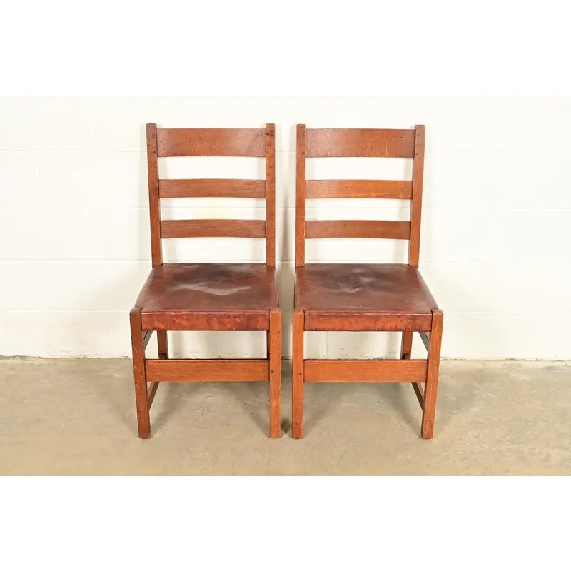 L. & J. G. Stickley Antique Mission Oak Arts & Crafts Ladder Back Side Chairs or Dining Chairs | Pair