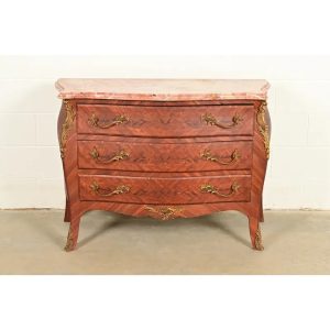 Paul Sormani Style Antique French Provincial Louis XV Kingwood Inlaid Marquetry Marble Top Commode With Mounted Ormolu | Circa 1920s
