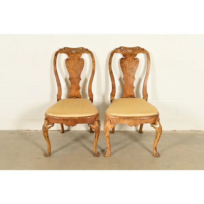 18th Century Antique Thomas Chippendale Period Carved Burl Wood Side Chairs or Dining Chairs, Pair - Image 2
