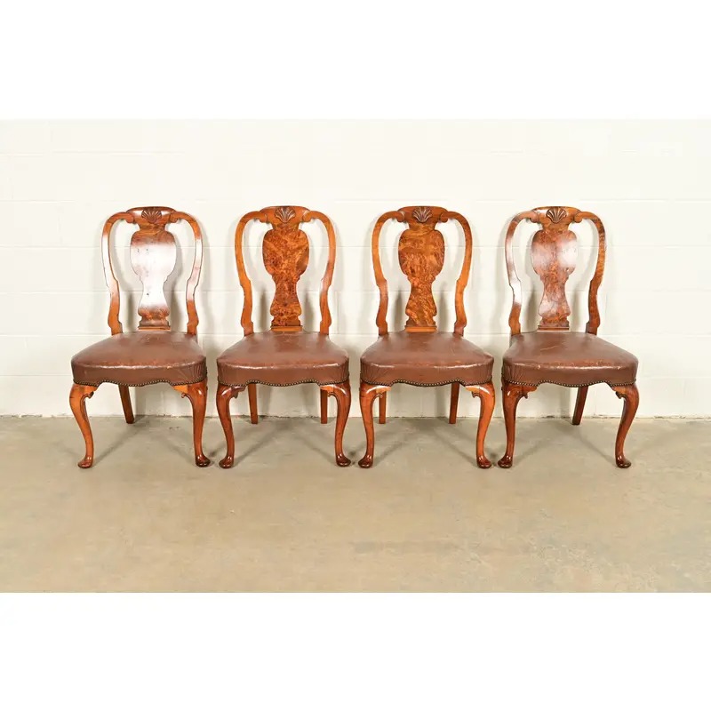 Antique English Queen Anne Burl Wood Dining Chairs, Circa 1860s - Image 2