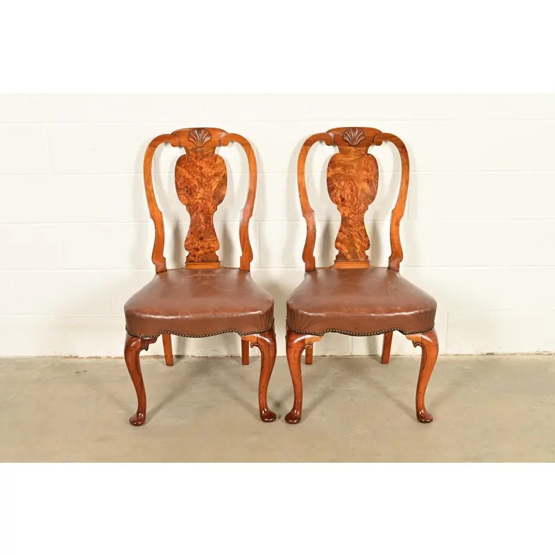 Antique English Queen Anne Burl Wood Side Chairs or Dining Chairs, Circa 1860s - Image 2