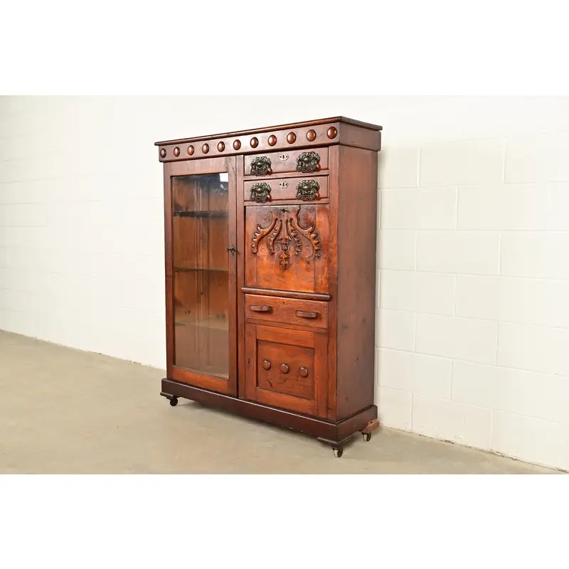 Antique Victorian Carved Oak Smoker's Display Cabinet With Drop Front Desk, Circa 1900 - Image 2