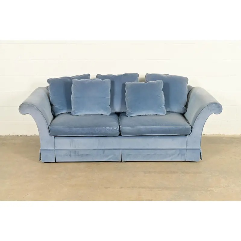 Baker Furniture Blue Velvet Upholstered Roll Arm Sofa - Image 2