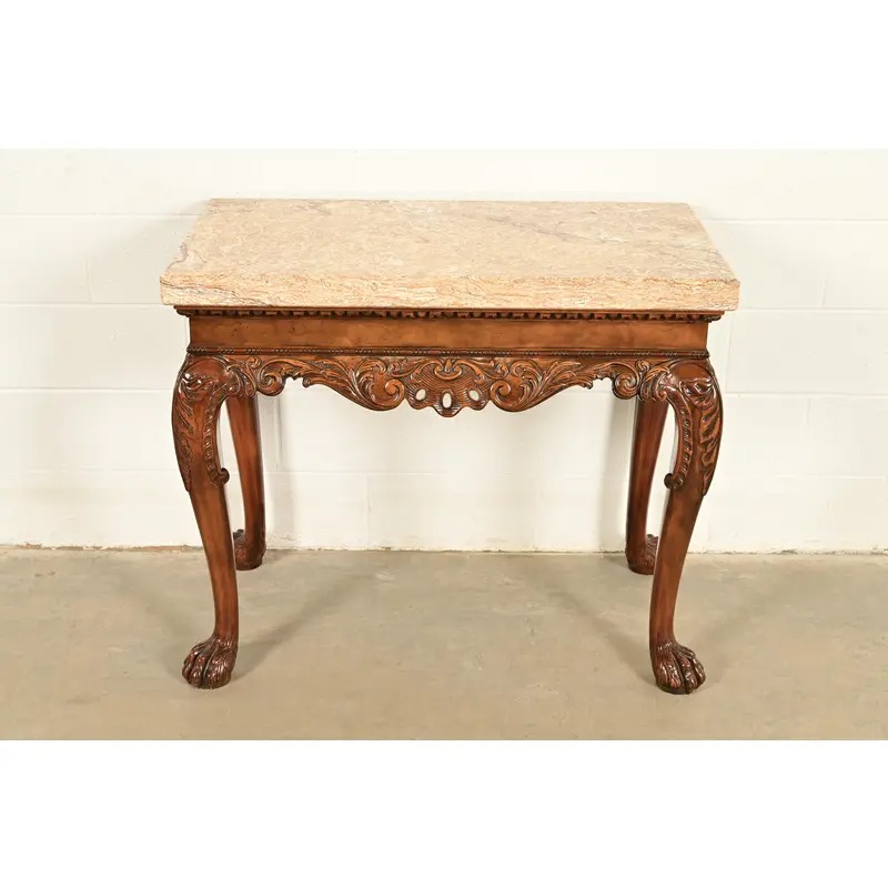 Baker Furniture Chippendale Carved Walnut Marble Top Console Table With Paw Feet - Image 2