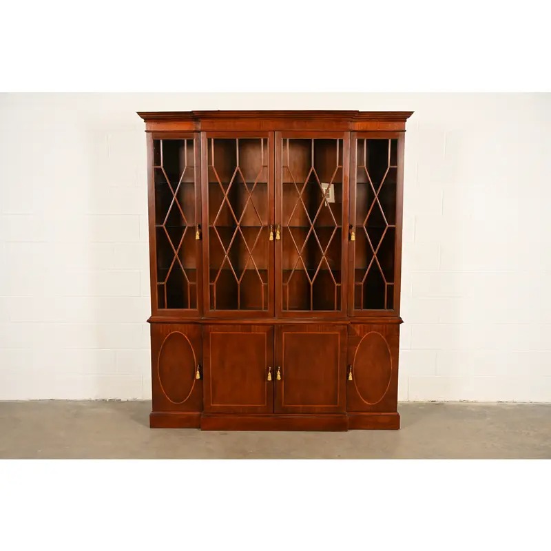 Baker Furniture Historic Charleston Georgian Inlaid Mahogany Breakfront Bookcase Cabinet - Image 2