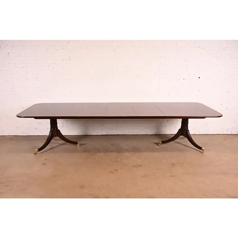 Baker Furniture Stately Homes Georgian Banded Mahogany Double Pedestal Extension Dining Table | Newly Refinished - Image 2