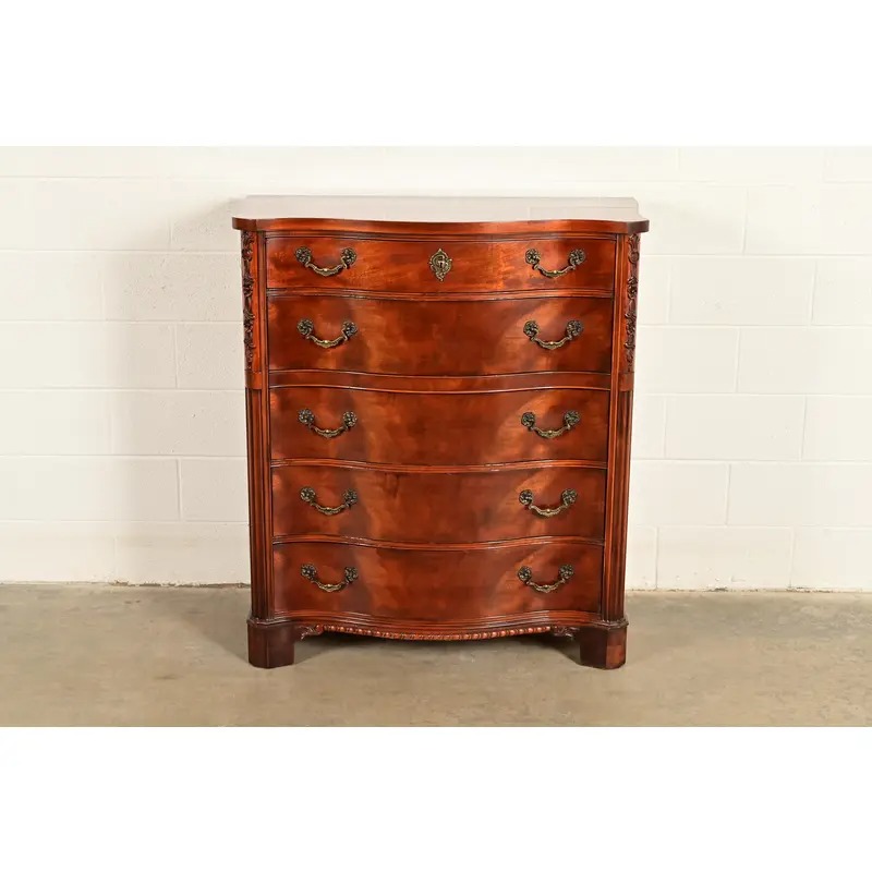 Century Furniture Georgian Carved Flame Mahogany Serpentine Front Five-Drawer Highboy Dresser | Circa 1950s - Image 2