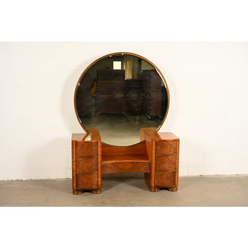 Donald Deskey Style Art Deco Burl Wood Vanity Dresser With Mirror, Circa 1930s - Image 2