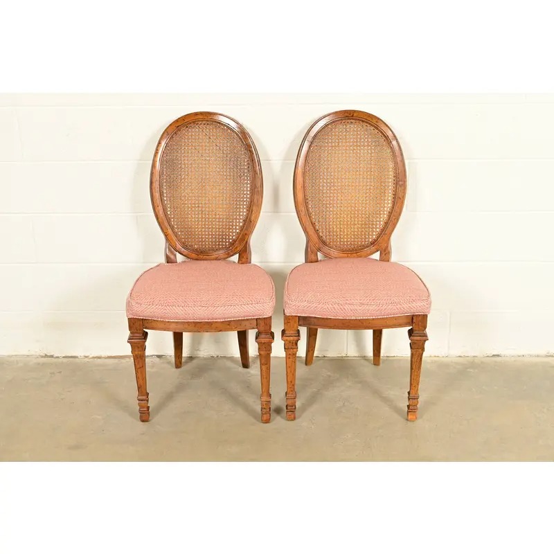 Drexel French Regency Louis XVI Carved Walnut Cane Back Side Chairs or Dining Chairs | Pair - Image 2