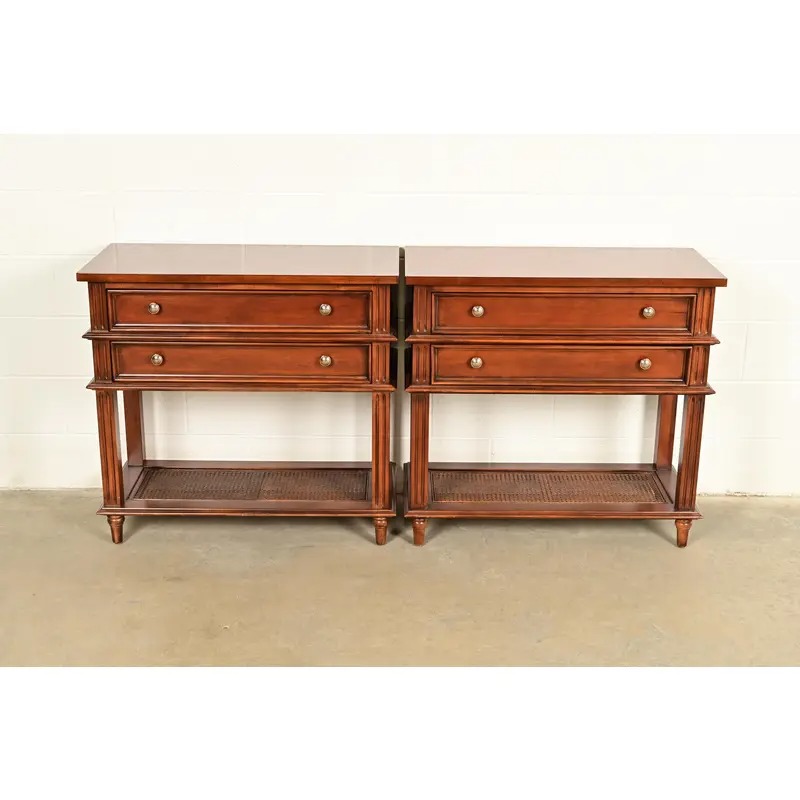 Drexel Heritage French Regency Louis XVI Carved Mahogany and Cane Console Tables or Servers, Pair - Image 2