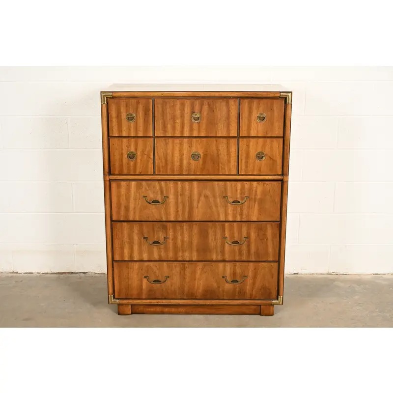Drexel Heritage Mid-Century Modern Hollywood Regency Campaign Walnut Highboy Dresser, 1970s - Image 2