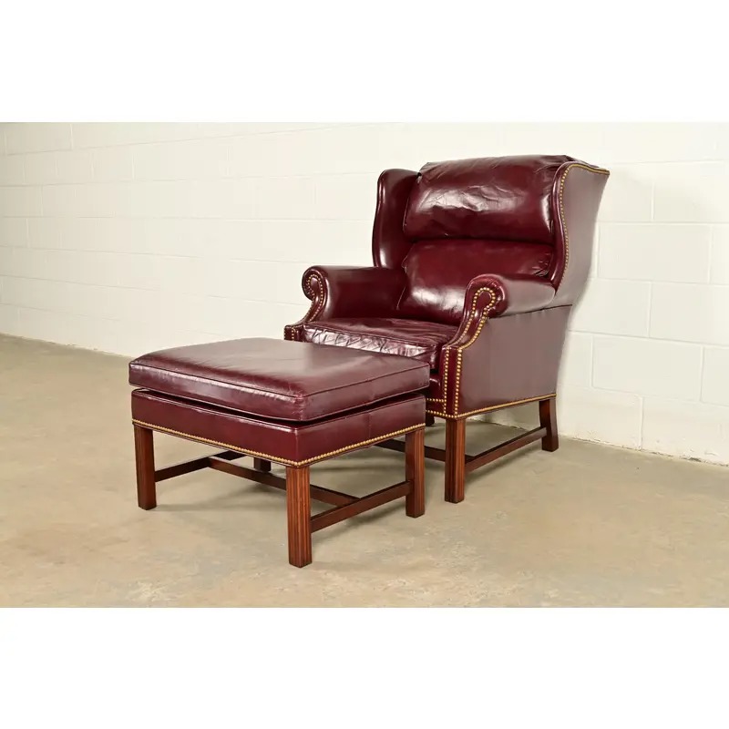 Hancock & Moore Chippendale Wingback Leather Lounge Chair With Ottoman - Image 2
