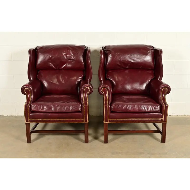 Hancock & Moore Chippendale Wingback Leather Lounge Chairs | Pair - Image 2