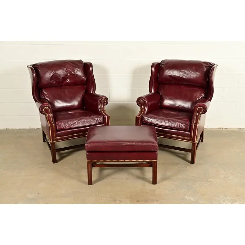 Hancock & Moore Chippendale Wingback Leather Lounge Chairs With Ottoman - Image 2
