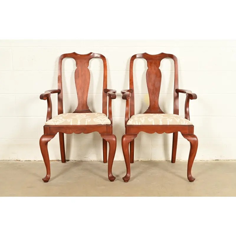 Henkel Harris Queen Anne Solid Cherry Wood Armchairs | Pair - Image 2
