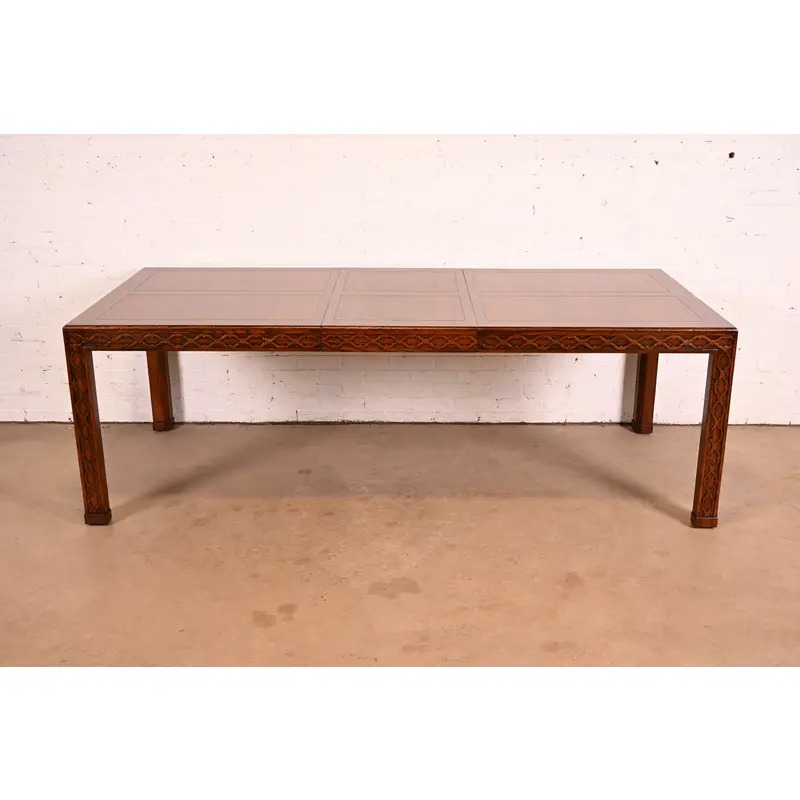Henredon Mid-Century Modern Hollywood Regency Oak and Burl Wood Extension Dining Table, Newly Refinished - Image 2