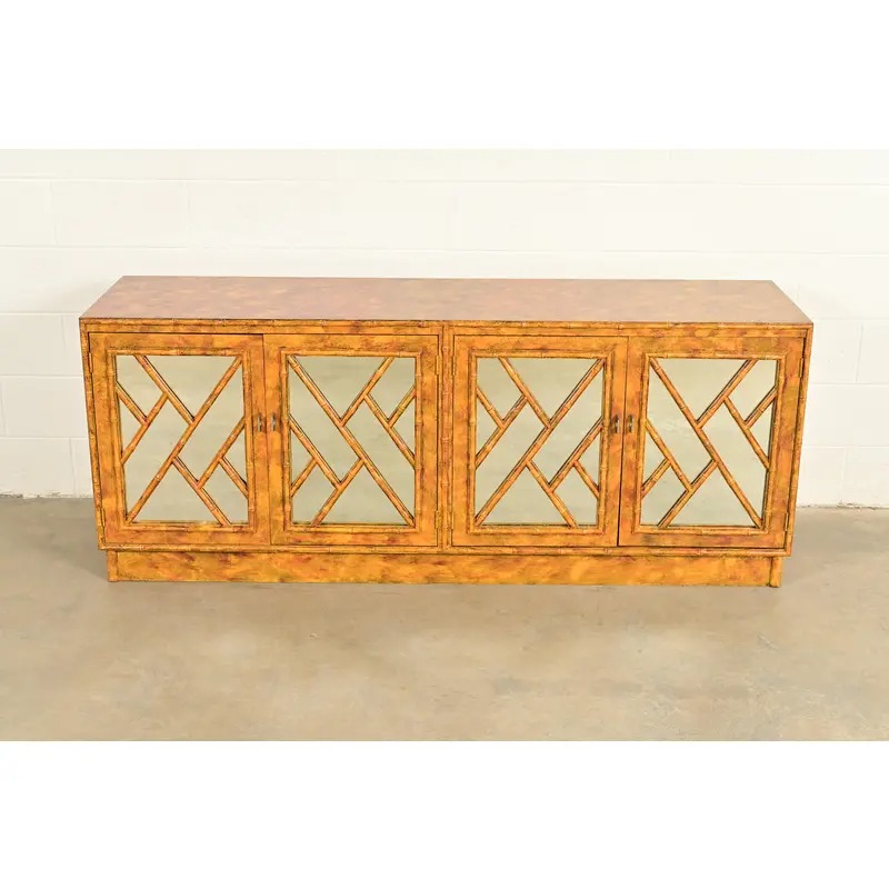 Henredon Style Mid-Century Hollywood Regency Faux Bamboo Mirrored Front Sideboard Credenza, Circa 1970s - Image 2