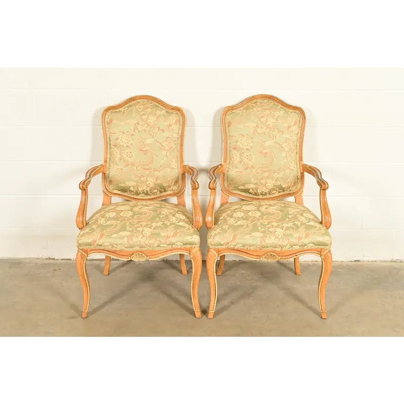 John Stuart French Provincial Louis XV Carved Oak Armchairs | Pair - Image 2