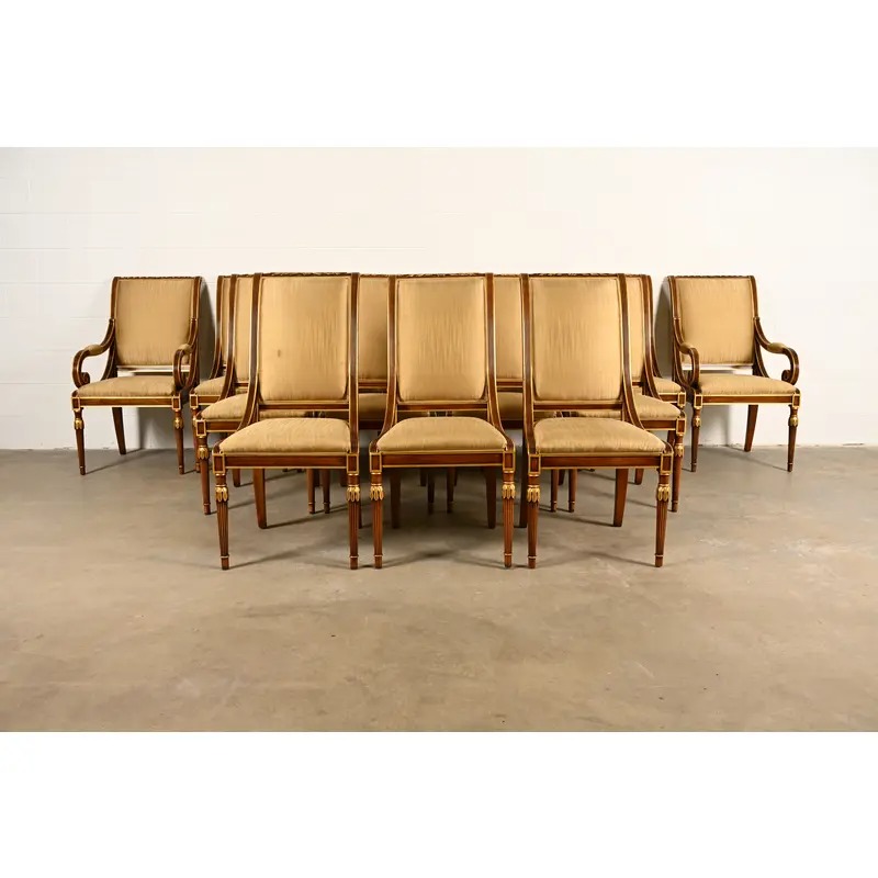 Karges French Regency Louis XVI Carved Walnut and Gold Gilt Dining Chairs | Set of Fourteen - Image 2