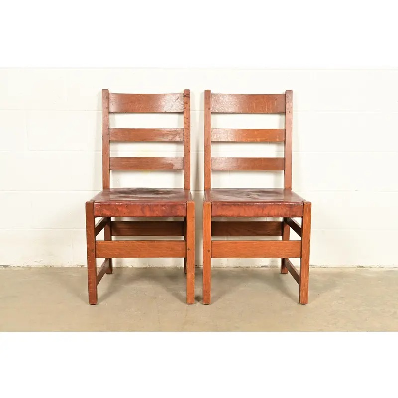 L. & J. G. Stickley Antique Mission Oak Arts & Crafts Ladder Back Side Chairs or Dining Chairs | Pair - Image 2