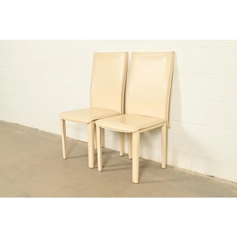 Mario Bellini Style Italian Modern Cream Leather Wrapped High Back Side Chairs or Dining Chairs, Pair - Image 2