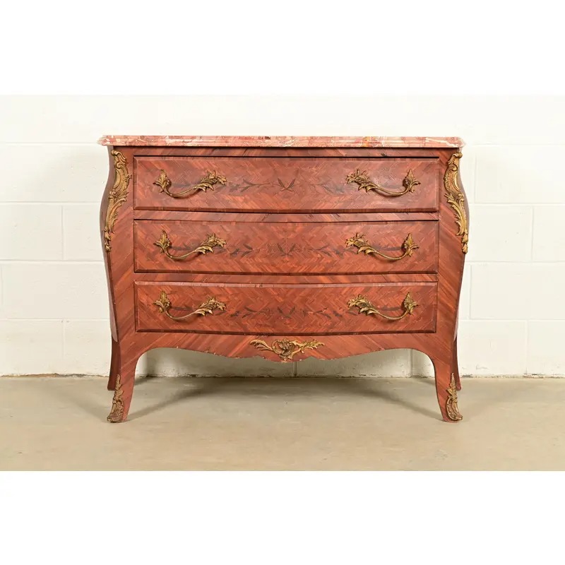 Paul Sormani Style Antique French Provincial Louis XV Kingwood Inlaid Marquetry Marble Top Commode With Mounted Ormolu | Circa 1920s - Image 2