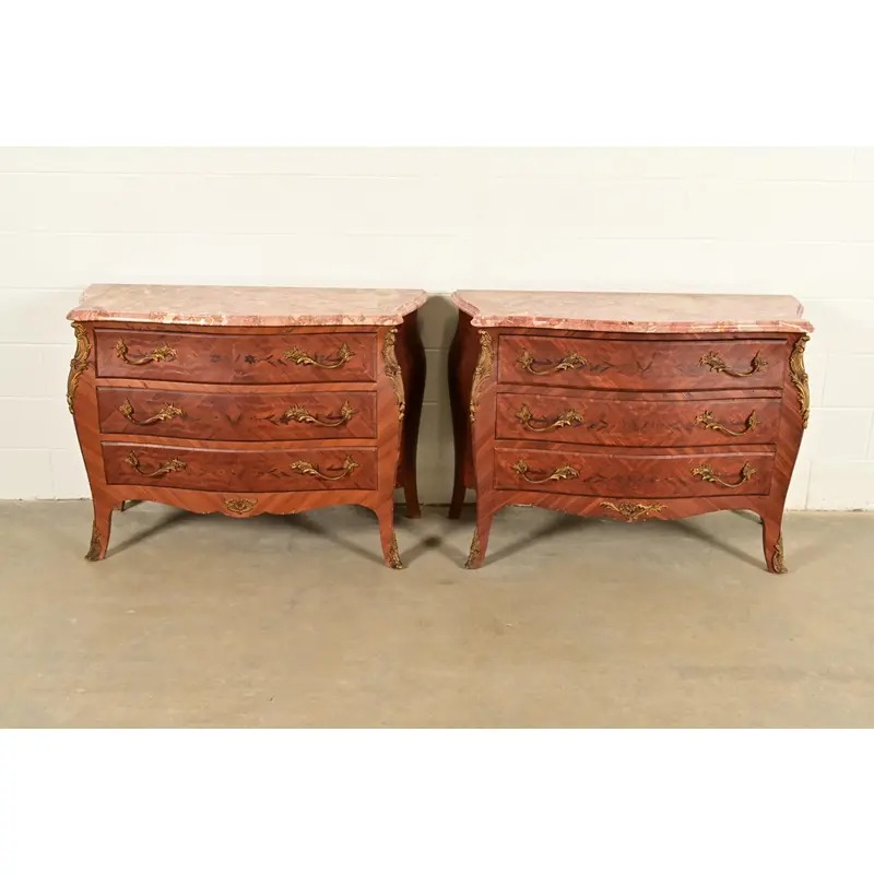 Paul Sormani Style Antique French Provincial Louis XV Kingwood Inlaid Marquetry Marble Top Commodes With Mounted Ormolu | Pair - Image 2