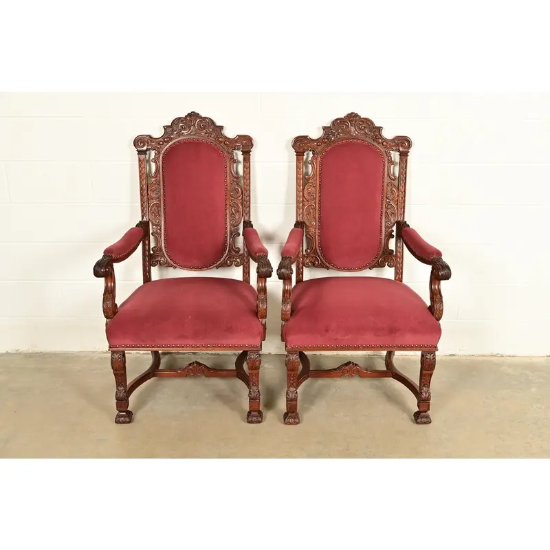 R. J. Horner Style Antique Renaissance Revival Carved Walnut Armchairs | Pair - Image 2
