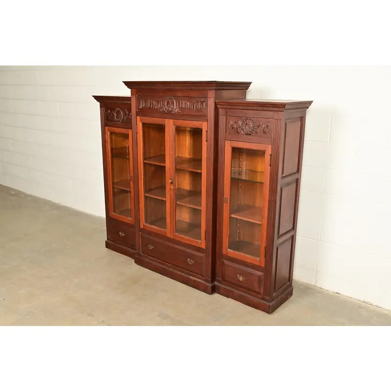 R. J. Horner Style Antique Victorian Carved Walnut Triple Bookcase Cabinet, Circa 1880s - Image 2