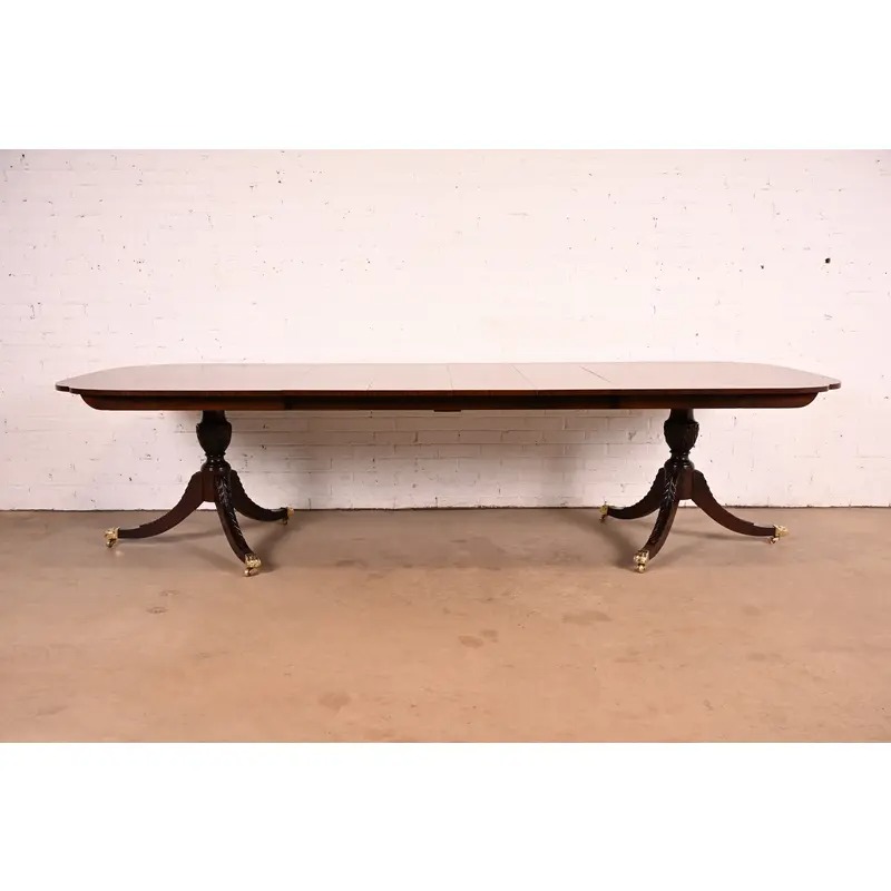 Stickley Georgian Banded Flame Mahogany Double Pedestal Extension Dining Table | Newly Refinished - Image 2