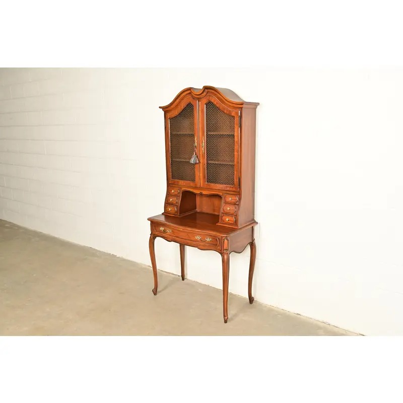 Thomasville French Provincial Carved Walnut Secretary Desk With Bookcase Hutch - Image 2
