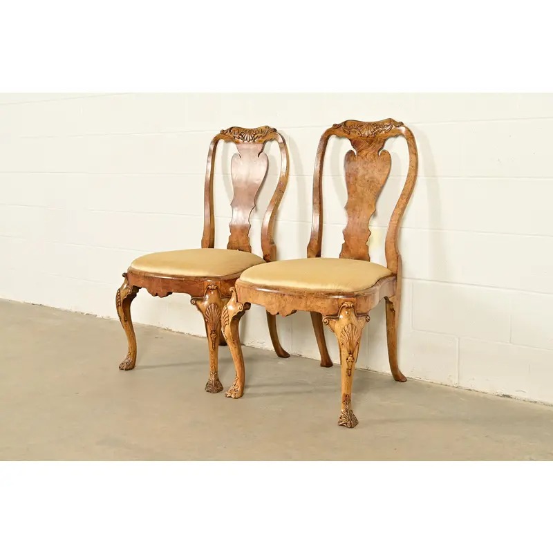 18th Century Antique Thomas Chippendale Period Carved Burl Wood Side Chairs or Dining Chairs, Pair - Image 3