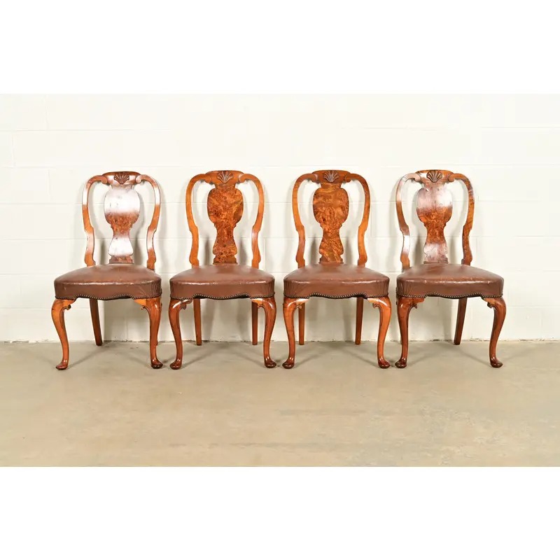 Antique English Queen Anne Burl Wood Dining Chairs, Circa 1860s - Image 3