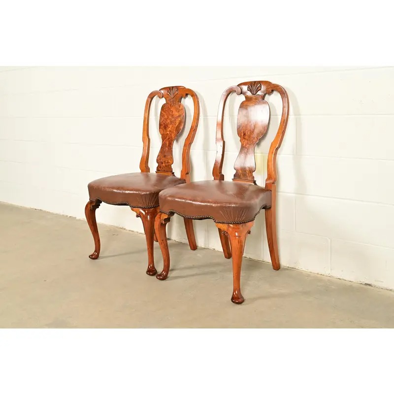 Antique English Queen Anne Burl Wood Side Chairs or Dining Chairs, Circa 1860s - Image 3