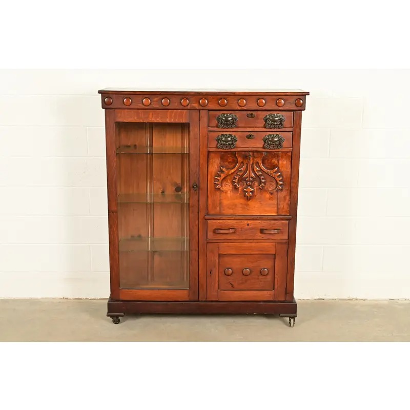 Antique Victorian Carved Oak Smoker's Display Cabinet With Drop Front Desk, Circa 1900 - Image 3