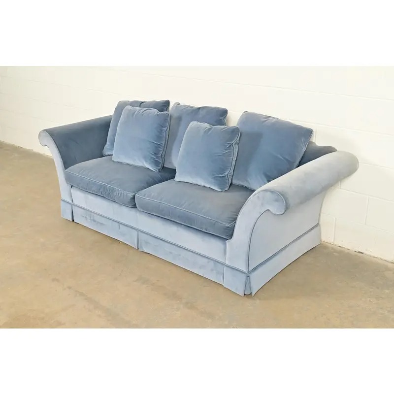 Baker Furniture Blue Velvet Upholstered Roll Arm Sofa - Image 3