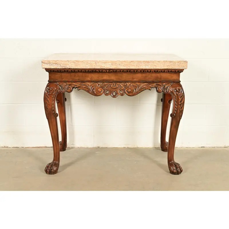 Baker Furniture Chippendale Carved Walnut Marble Top Console Table With Paw Feet - Image 3