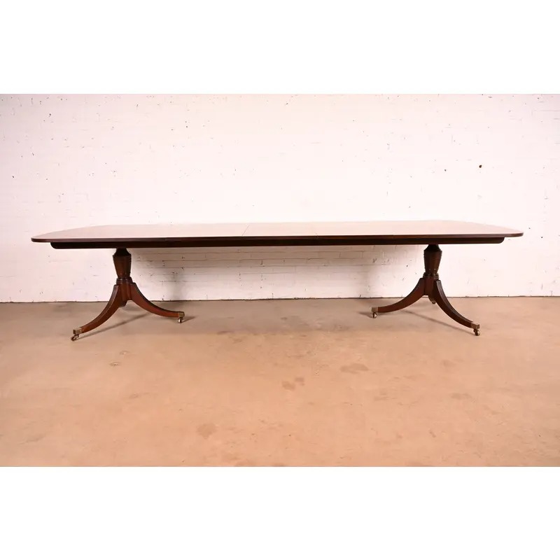 Baker Furniture Georgian Banded Mahogany Double Pedestal Extension Dining Table | Newly Refinished - Image 3