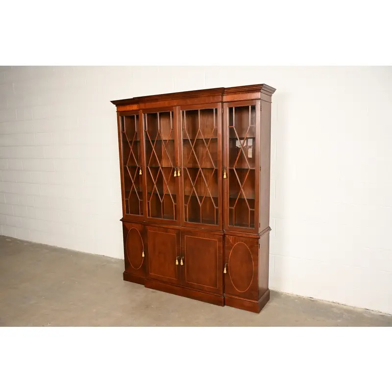 Baker Furniture Historic Charleston Georgian Inlaid Mahogany Breakfront Bookcase Cabinet - Image 3