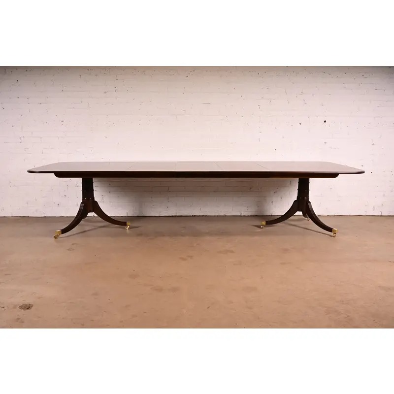 Baker Furniture Stately Homes Georgian Banded Mahogany Double Pedestal Extension Dining Table | Newly Refinished - Image 3